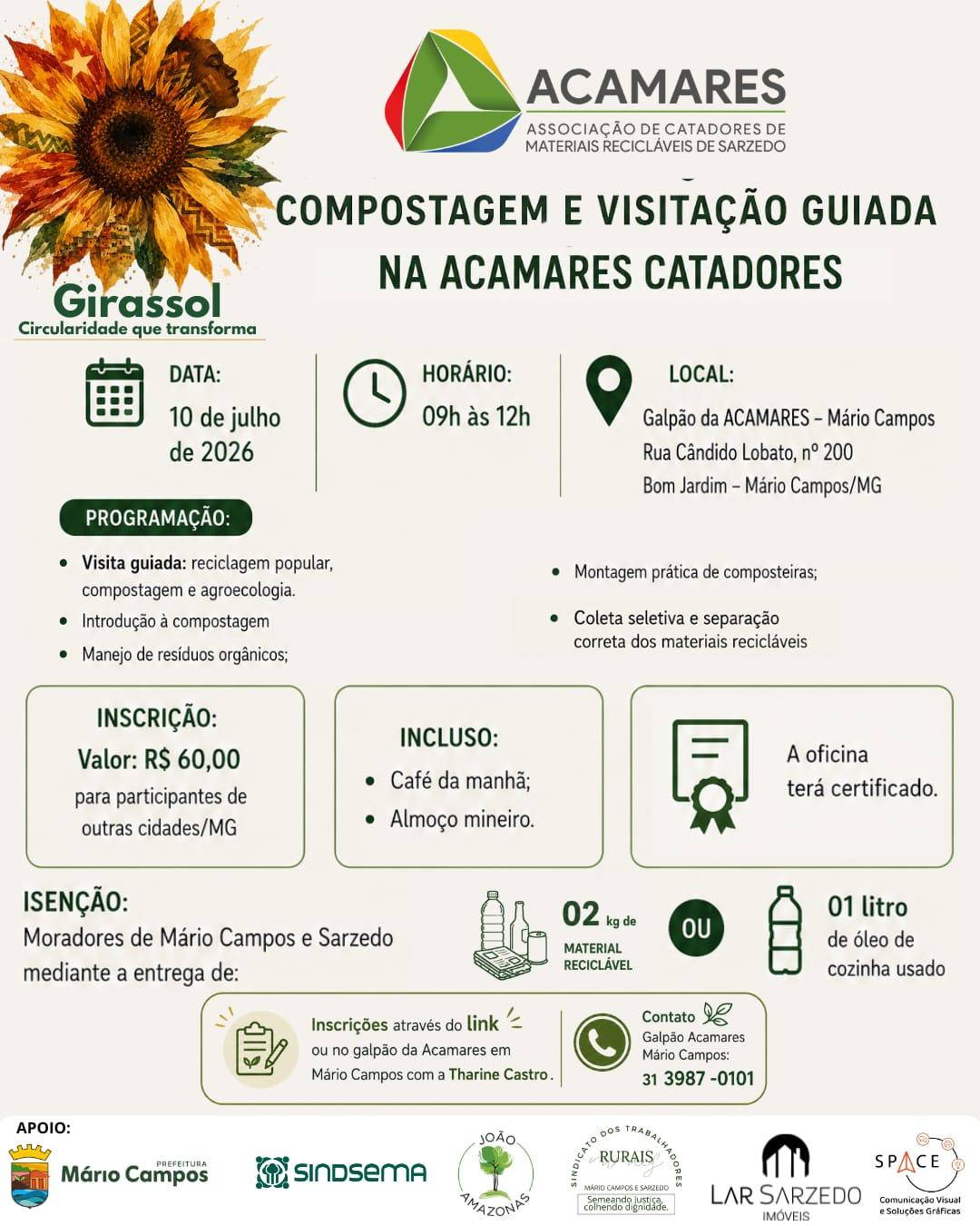 Compostagem e reciclagem são tema de oficina e visita guiada na ACAMARES em Mário Campos